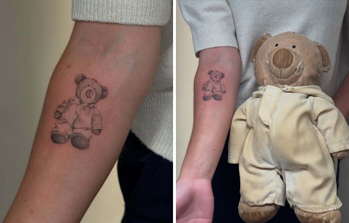 Teddy bear tattoo on forearm matching a stuffed toy, showcasing wholesome tattoos with meaningful ink. Teddy bear tattoo on forearm matching a stuffed toy, showcasing wholesome tattoos with meaningful ink.
