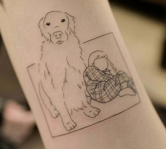 Minimalist tattoo of a dog and a child in pajamas, showcasing wholesome tattoos with deep personal meaning. Minimalist tattoo of a dog and a child in pajamas, showcasing wholesome tattoos with deep personal meaning.