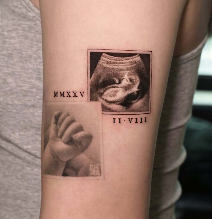 Close-up of wholesome tattoos featuring a baby’s ultrasound and tiny hand, symbolizing meaningful moments with ink on arm.