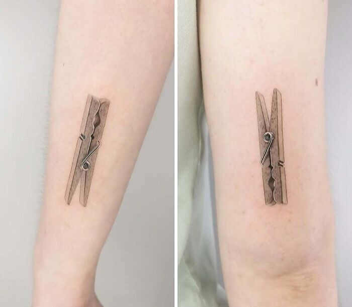 Realistic clothespin tattoo on inner forearm, showcasing wholesome tattoos with meaningful small ink designs.