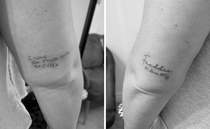 Two arms with wholesome tattoos featuring handwritten messages, showcasing meaningful ink designs on skin.