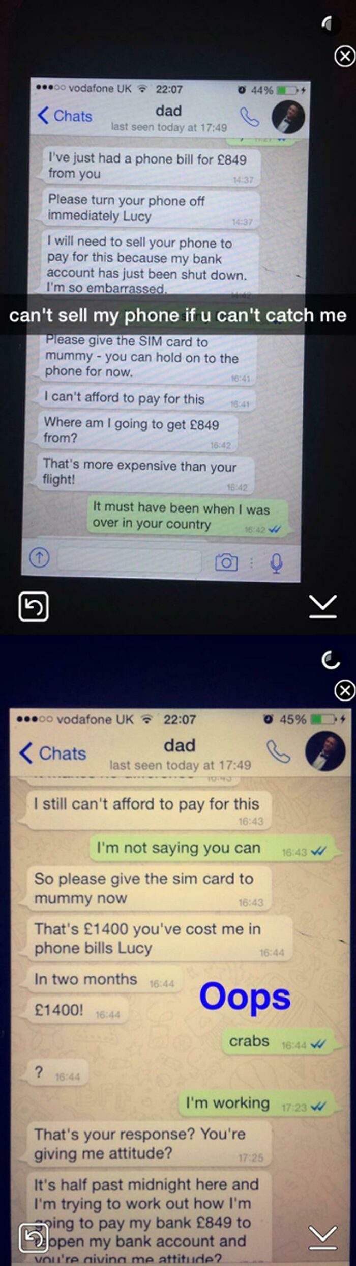 Screenshot of a rage-inducing chat where a dad confronts his child about a £1400 phone bill.