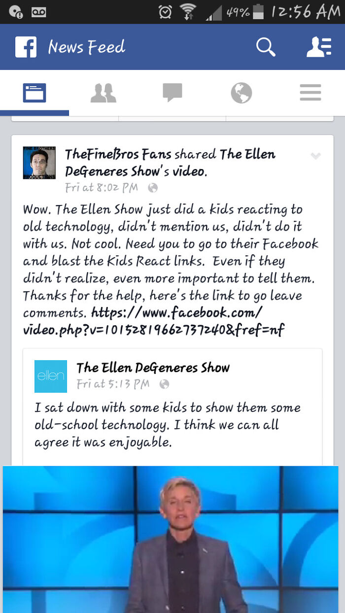 Screenshot of a Facebook news feed showing a post about a kids reacting video on The Ellen DeGeneres Show.