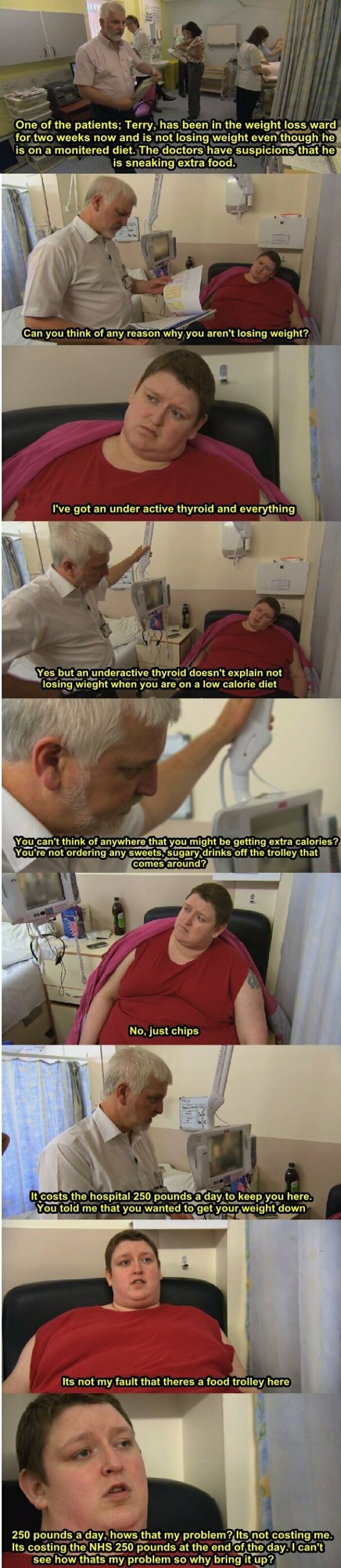 Patient and doctor discuss weight loss issues in a hospital room, highlighting frustration in rage-inducing moments.
