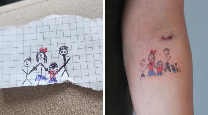 Hand-drawn family sketch and its matching wholesome tattoo on forearm showing meaningful little ink design.