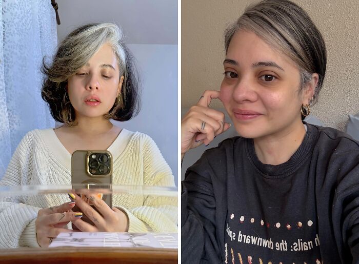 Woman with striking gray and black hair sharing moments of confidence after taking a leap of faith in life decisions.