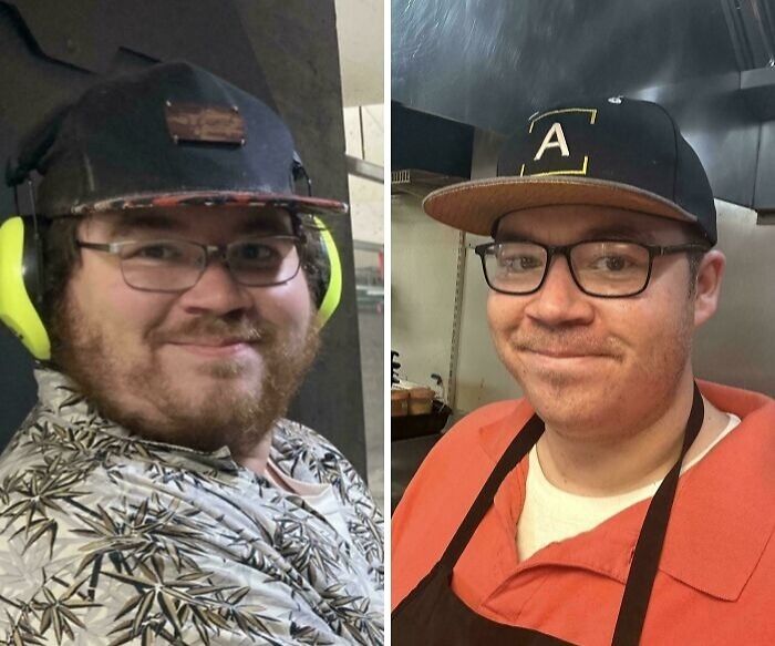 Before and after photos of a man showing personal transformation after taking a leap of faith in life decisions.