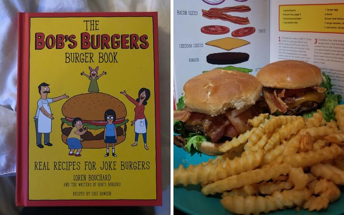 Bob's Burgers burger book and homemade burgers with fries, a unique white elephant gift idea for holiday fun.