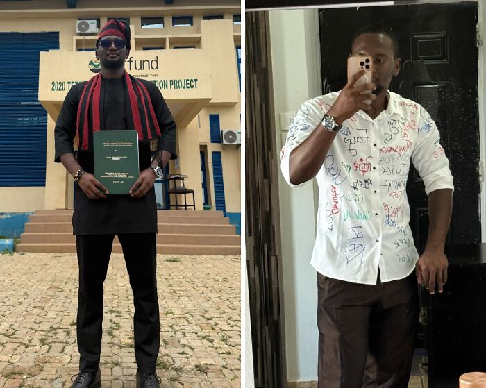 Man celebrating achievement in traditional attire holding document, and man taking mirror selfie in signed shirt, leap of faith moments.