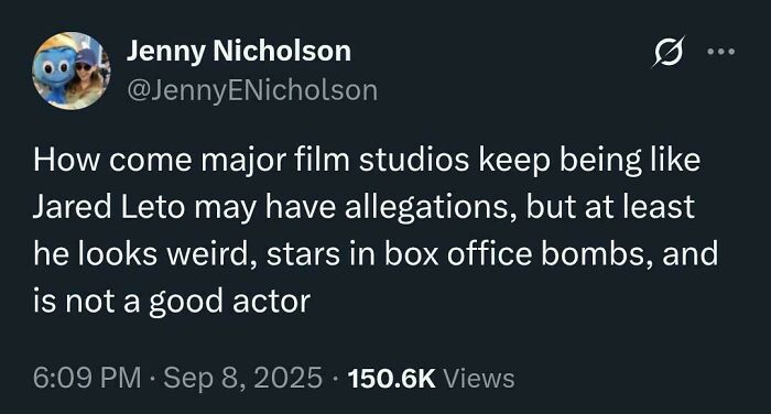 Tweet screenshot showing a chaotic non-political tweet humorously critiquing a celebrity’s acting and film studios.