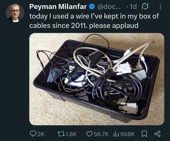 Tweet showing a tangled box of old cables with humorous text about using a wire kept since 2011 in chaotic non-political tweets. Tweet showing a tangled box of old cables with humorous text about using a wire kept since 2011 in chaotic non-political tweets.