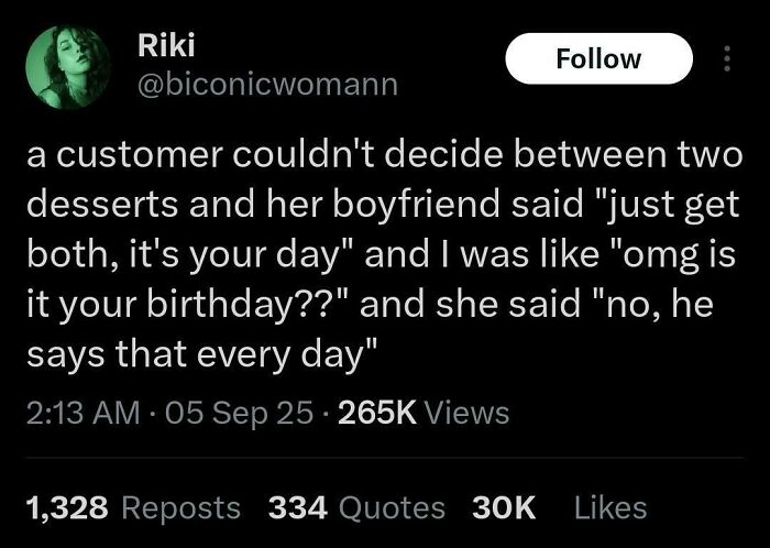 Screenshot of a chaotic non-political tweet about choosing desserts and a boyfriend’s daily sweet gesture.