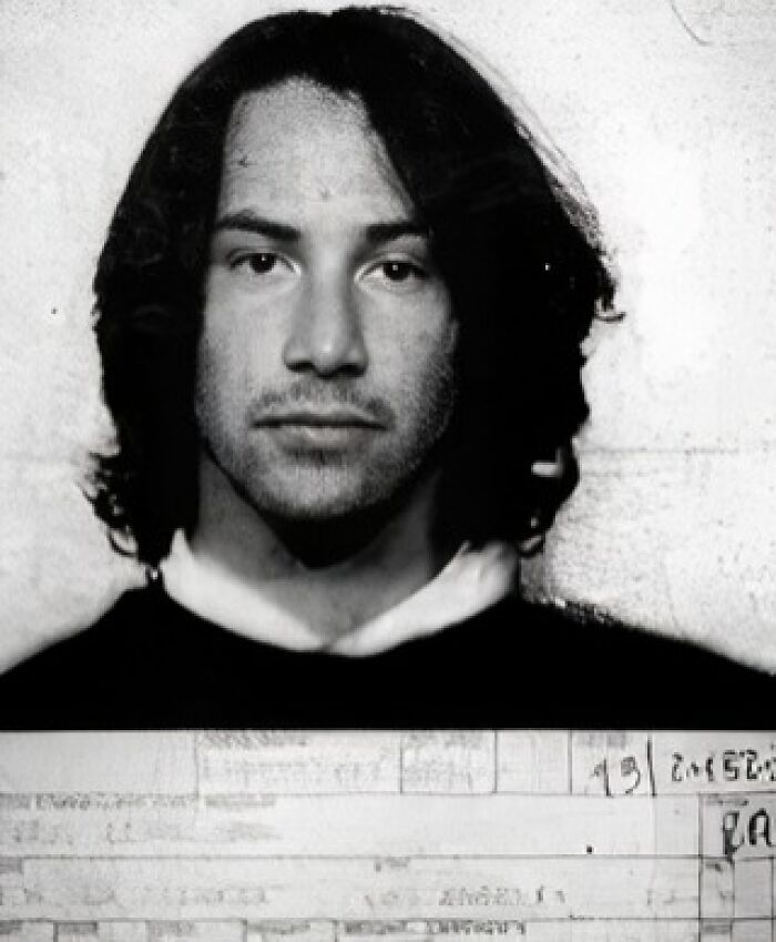 Black and white infamous celebrity mugshot of a young man with long hair, part of a collection of celebrity arrest photos.