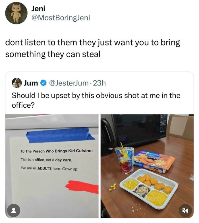 Screenshot of a chaotic non-political tweet showing an office note about kid cuisine and a lunch tray on a desk.