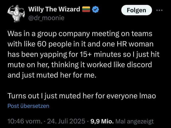 Screenshot of a chaotic non-political tweet about muting an HR woman in a large company meeting on Teams.