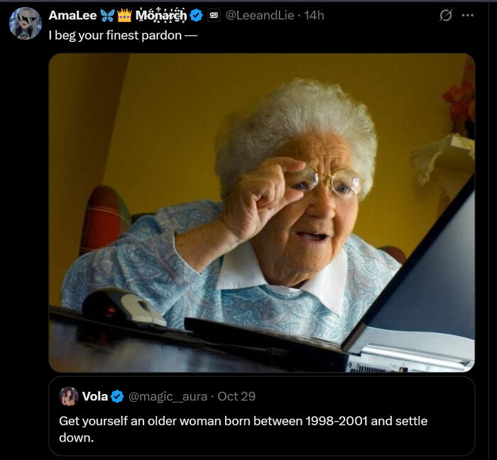 Elderly woman adjusting glasses while looking at a laptop screen, part of chaotic non-political tweets making internet fun again.