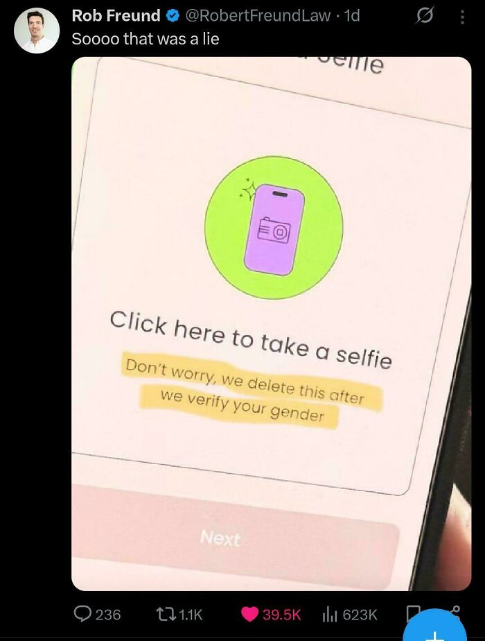Screenshot of a chaotic non-political tweet about verifying gender by taking a selfie on a mobile phone.