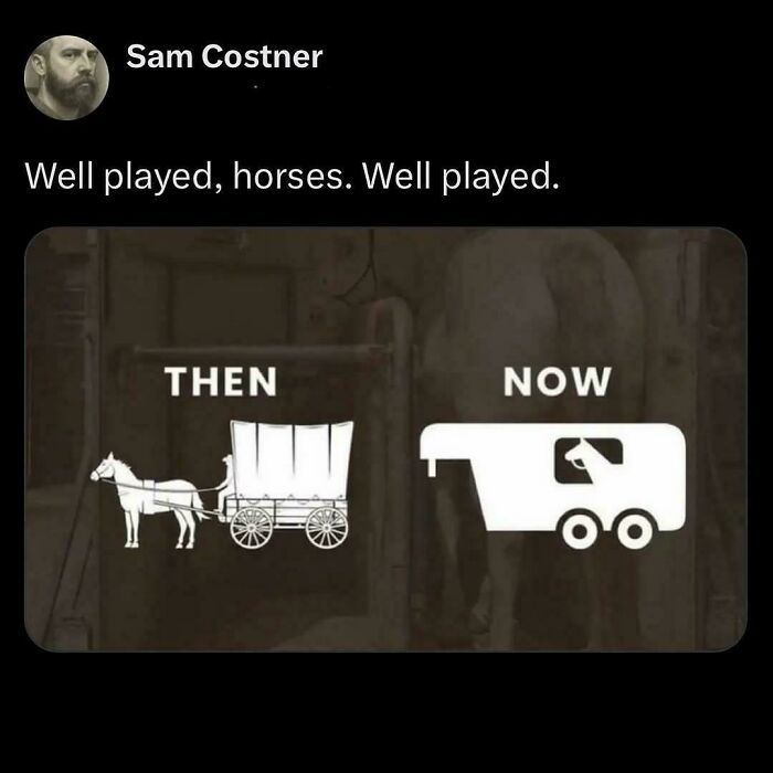 Tweet showing a humorous comparison of horse transportation then and now, capturing chaotic non-political tweets for internet fun.