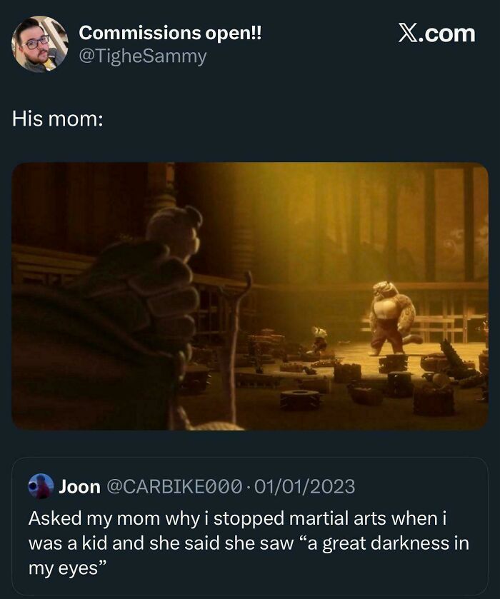Screenshot of chaotic non-political tweet about martial arts and a mom noticing darkness in her child's eyes.