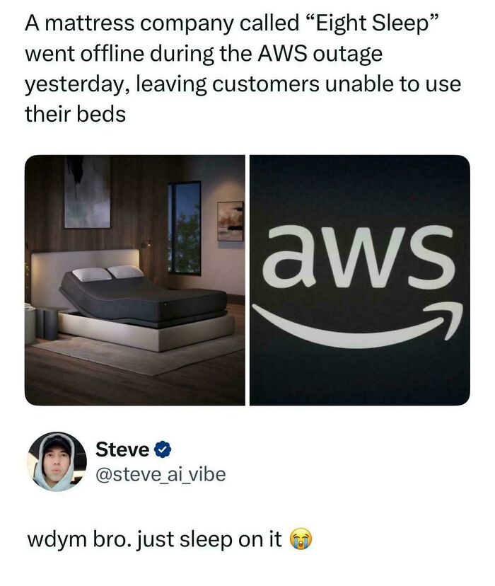 Meme about a mattress company outage during AWS downtime, humorously highlighting chaotic non-political tweets online.