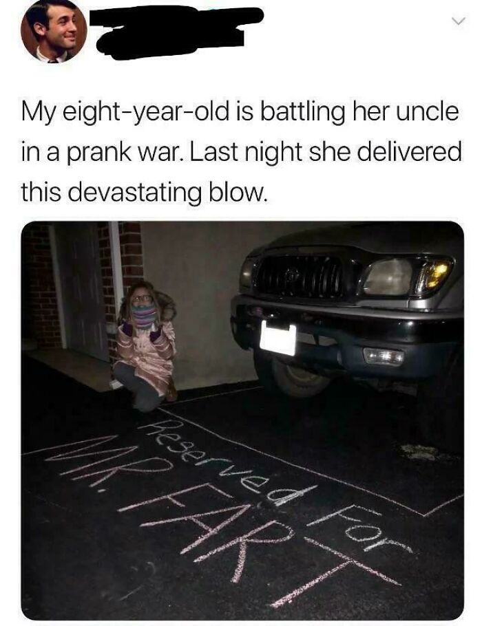 A humorous non-political tweet showing a child’s prank with chalk writing reserved parking for Mr. Fart.