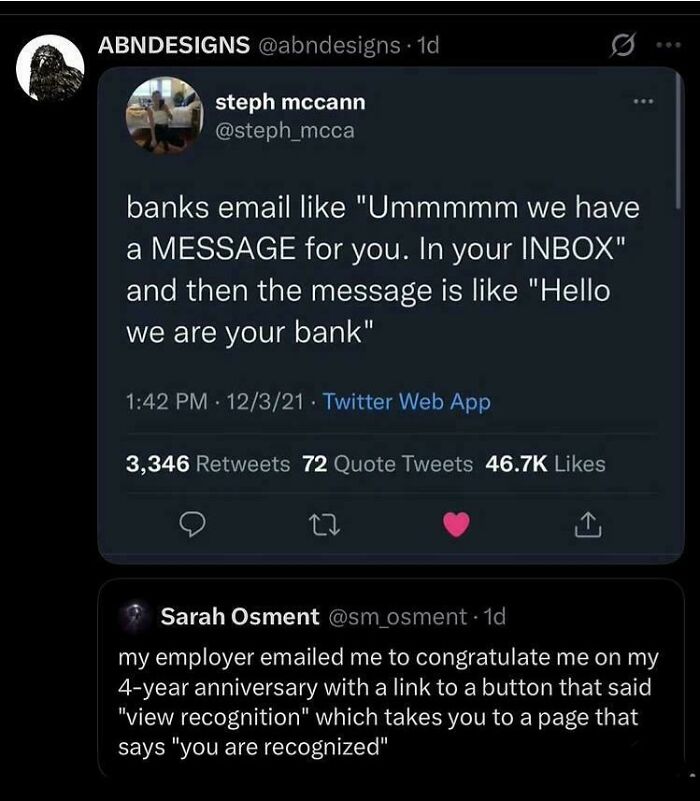 Screenshot of chaotic non-political tweets humorously discussing bank emails and work anniversary recognition messages.