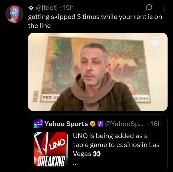 Man with neutral expression reacts to chaotic non-political tweets about rent and UNO in Las Vegas casinos.