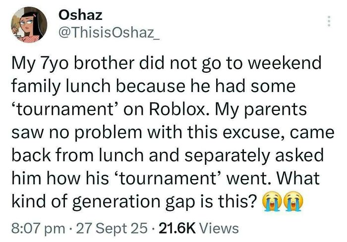 Screenshot of a chaotic non-political tweet about a child missing family lunch for a Roblox tournament, highlighting a generation gap.