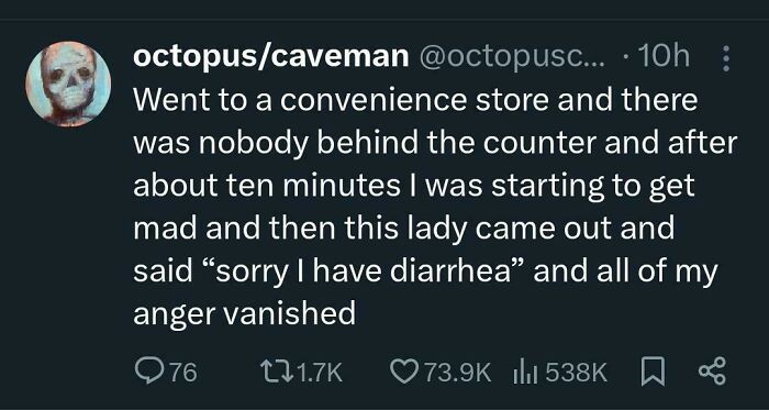 Screenshot of a chaotic non-political tweet about a funny convenience store encounter that made the internet feel fun again.