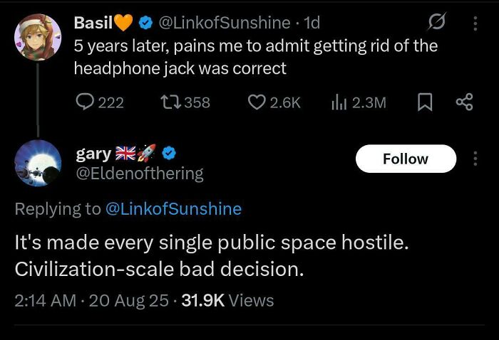Screenshot of chaotic non-political tweets discussing the decision to remove the headphone jack and its impact on public spaces.