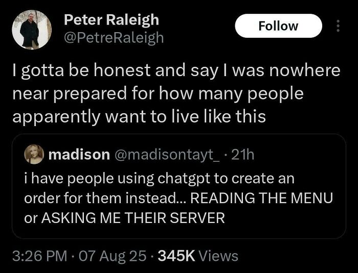 Tweet about people using ChatGPT to place orders, highlighting chaotic non-political tweets that made the internet fun again.