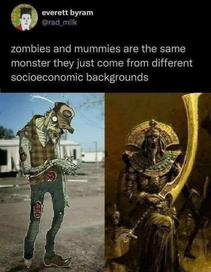 Humorous non-political tweet comparing zombies and mummies with cartoonish and ancient monster images.