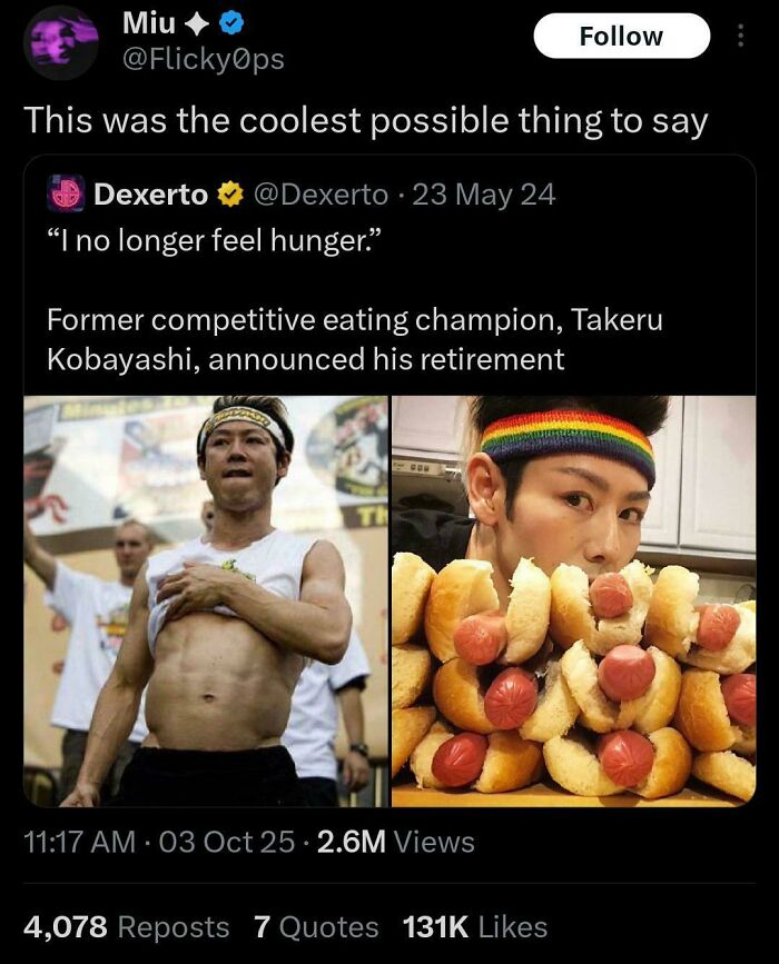Tweet about competitive eating champion Takeru Kobayashi's retirement with chaotic non-political tweets and funny internet moments.
