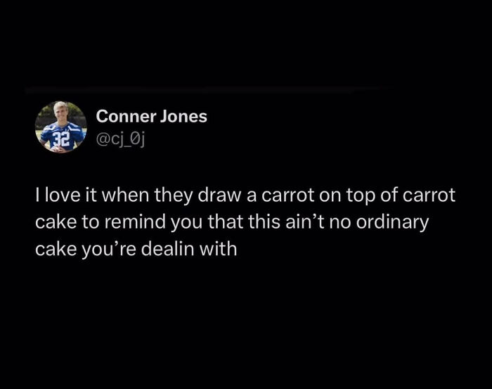 Tweet about carrot cake humor, highlighting chaotic non-political tweets that brought fun back to the internet.