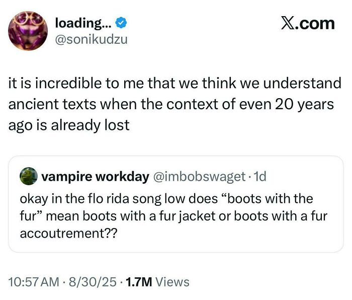 Screenshot of a chaotic non-political tweet discussing the meaning of "boots with the fur" in a Flo Rida song.