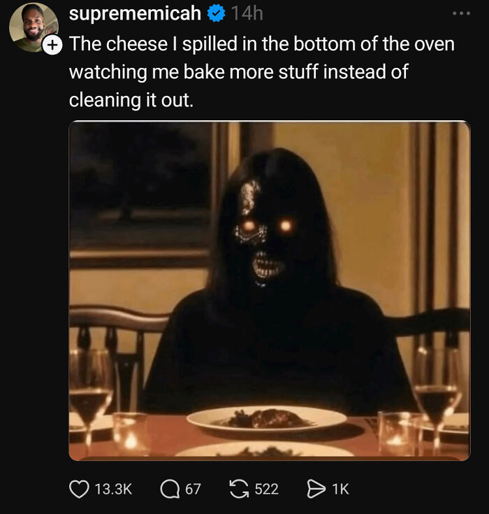 Tweet with chaotic dark glowing-eyed figure at dining table, representing funny internet moments in chaotic non-political tweets.