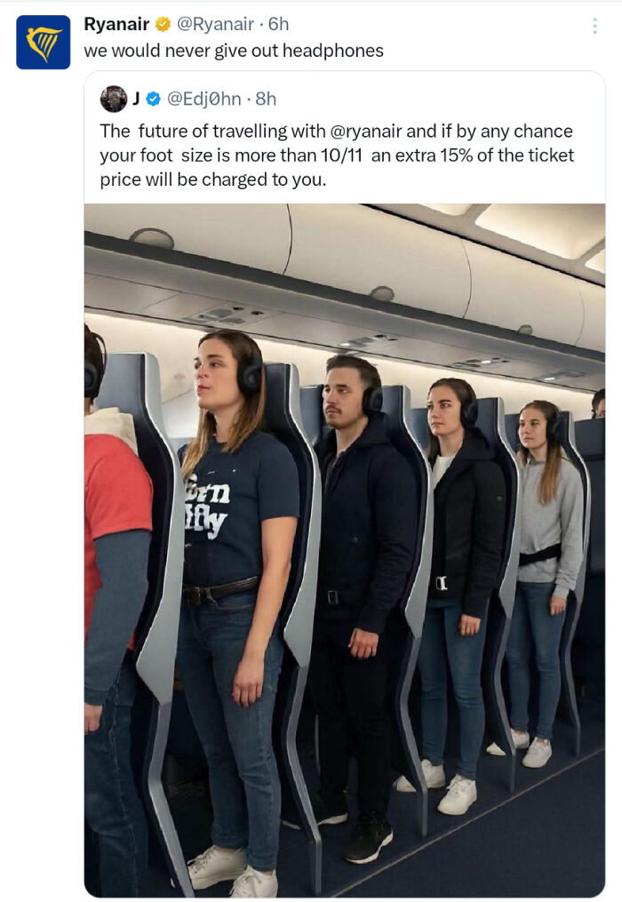 Ryanair tweet humor with passengers standing in airplane seats wearing headphones depicting chaotic non-political internet fun.