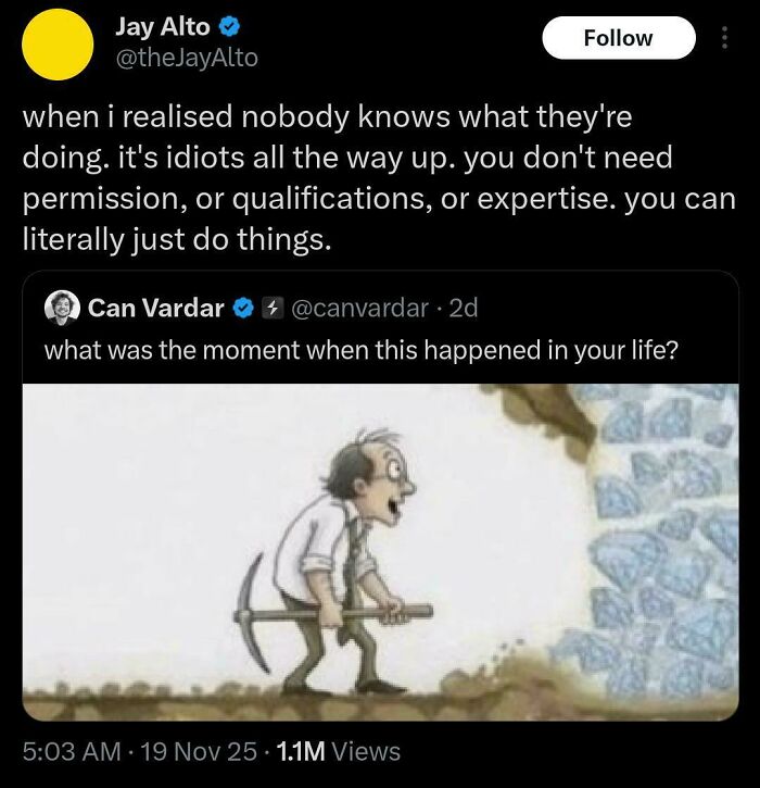 Screenshot of a chaotic non-political tweet discussing cluelessness and unpredictability in life’s moments.