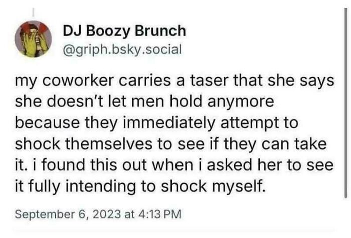 Tweet about a coworker’s taser and unexpected self-shocking attempt from chaotic non-political tweets collection.