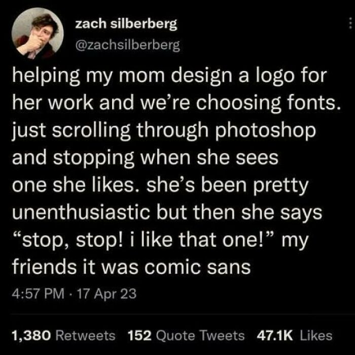 Screenshot of a chaotic non-political tweet about choosing fonts and unexpectedly liking Comic Sans.