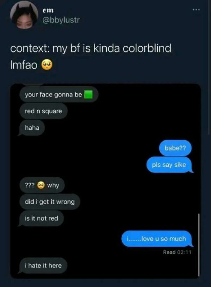 Text conversation showing chaotic non-political tweets about colorblindness and humorous relationship moments.