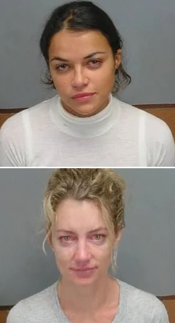 Two infamous celebrity mugshots showing women with tired expressions, related to reasons for their arrests.