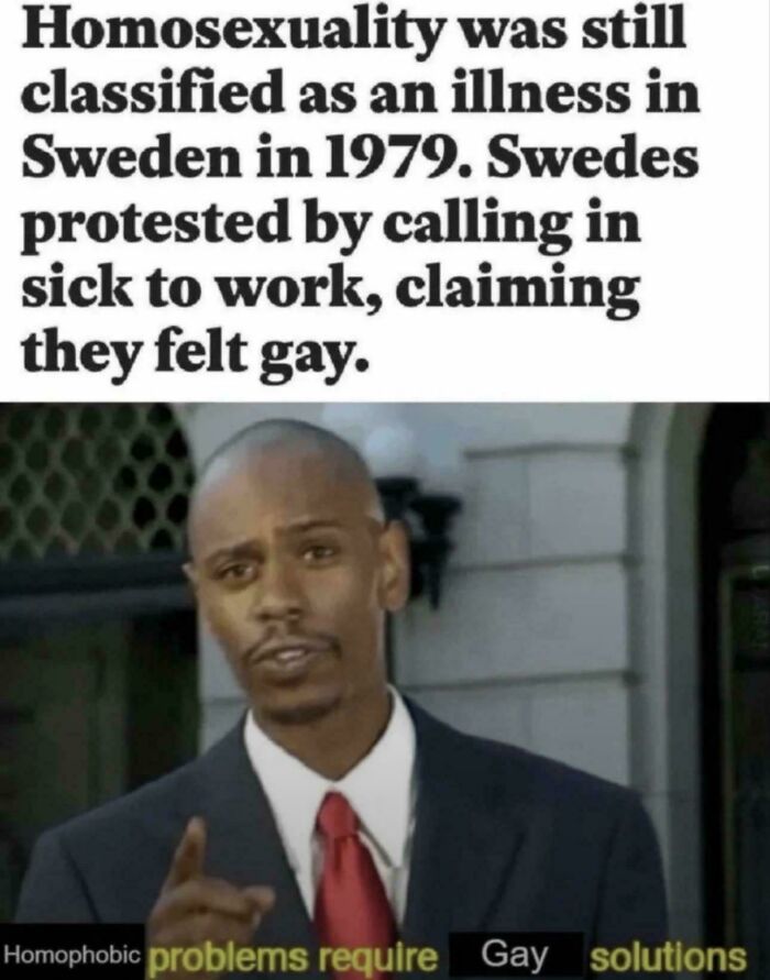 Meme about historical classification of homosexuality in Sweden with a man in a suit discussing homophobic problems and gay solutions.