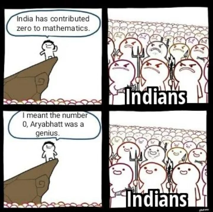 Comic meme showing a character correcting a math claim while angry and happy crowds labeled Indians react, history class meme.