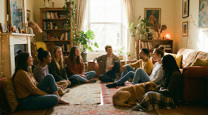 Group of friends sitting in a cozy living room playing the best party game with a dog resting nearby and natural light coming in.
