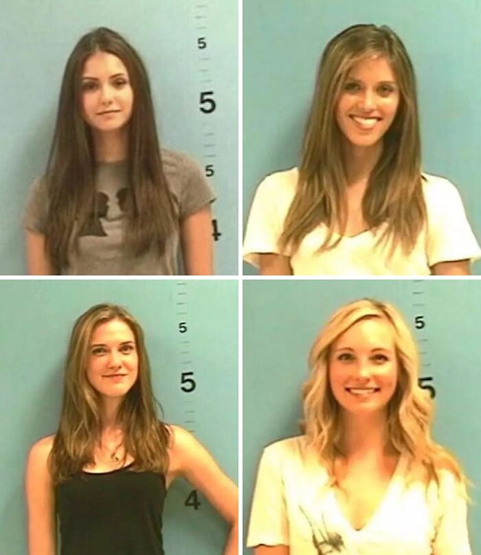 Four celebrity mugshots featuring young women posing against height charts, showcasing infamous celebrity mugshots and arrests.