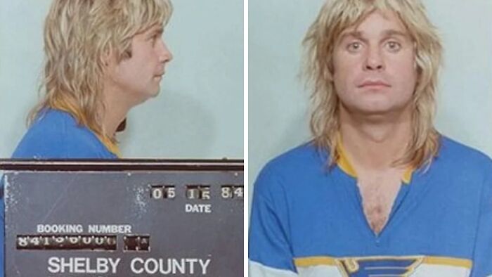 Mugshot of a blonde man in a blue shirt, part of a collection of infamous celebrity mugshots and arrests.