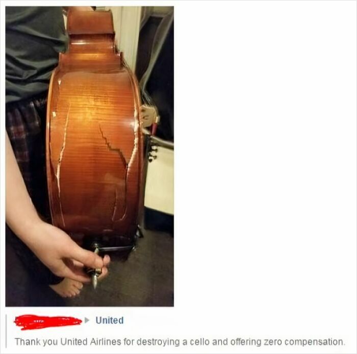 Damaged cello with large cracks held by person, illustrating rage-inducing moments related to careless handling and lack of compensation.