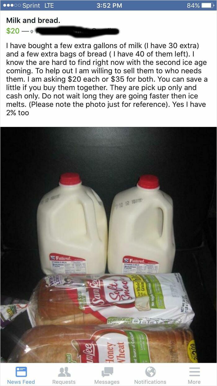 Screenshot of a social media post selling extra milk gallons and loaves of bread, fitting rage-inducing pics theme.