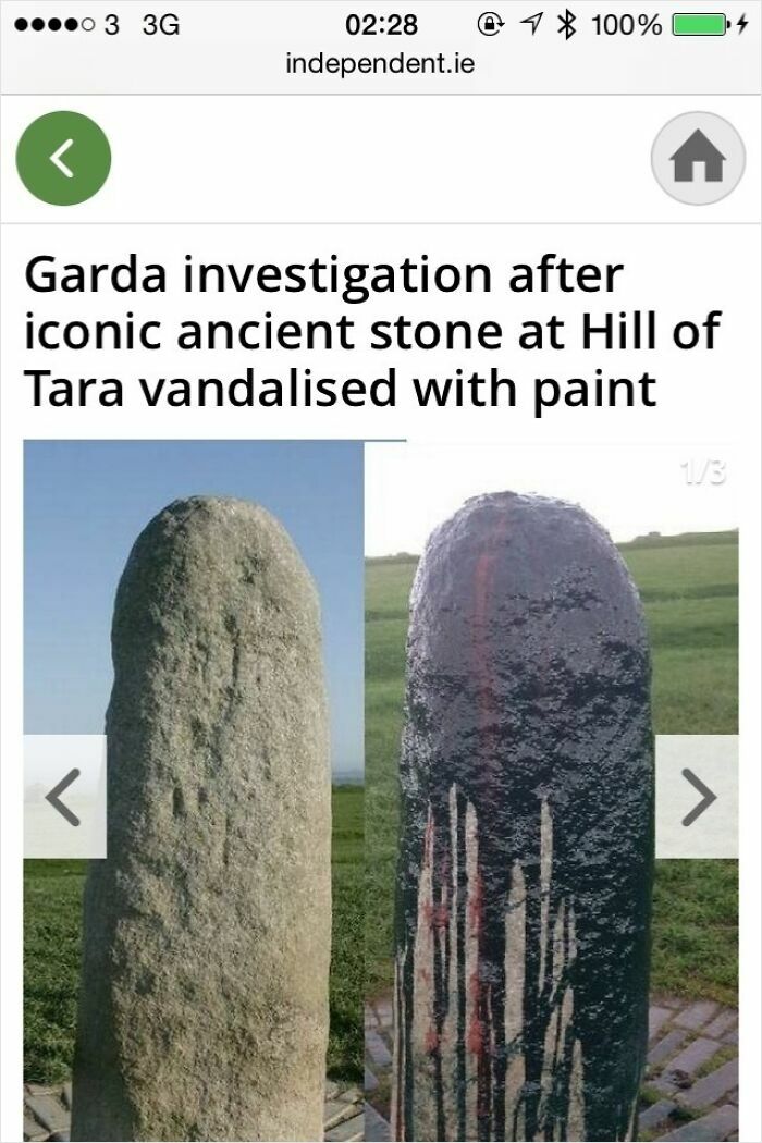 Before and after images of an iconic ancient stone at Hill of Tara vandalized with paint, testing calm in rage-inducing pics.